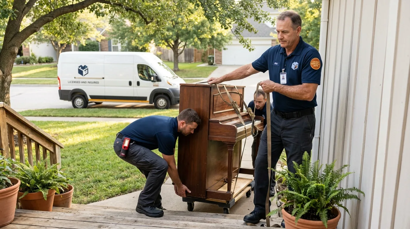 Licensed piano movers securing grand piano in Energy, IL