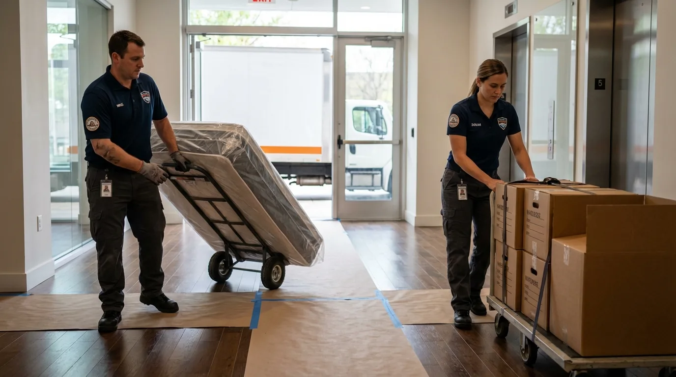 Professional apartment movers loading elevator in Energy, IL